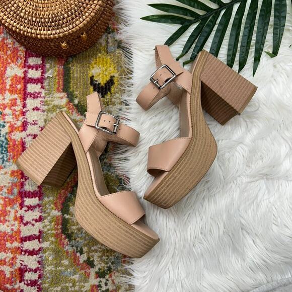 Madden Girl Shoes - Madden Girl Beige Tan Ankle Strap Chunky Platform Heeled Grandview Sandal 9